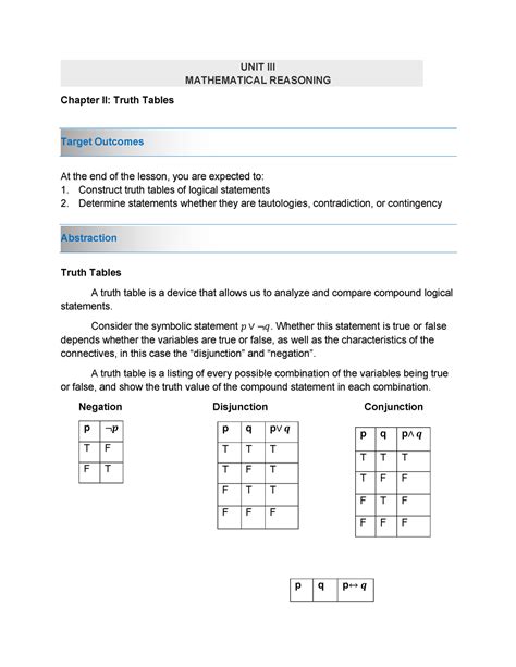 Mmw Unit 3 Mathematical Reasoning Chapter 2 Truth Tables Mathematics