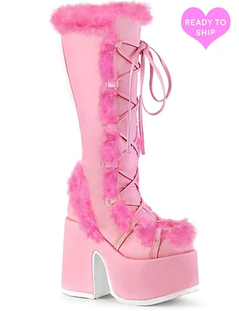 Demonia Camel 311 Platform Boots Pinkhot Pink Fur