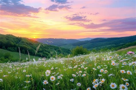 Wildflower Field With Sunset Premium Ai Generated Image
