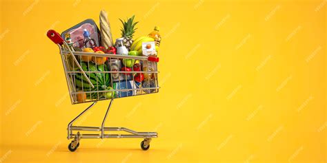 Premium Photo Shopping Cart Full Of Food On Yellow Background Grocery