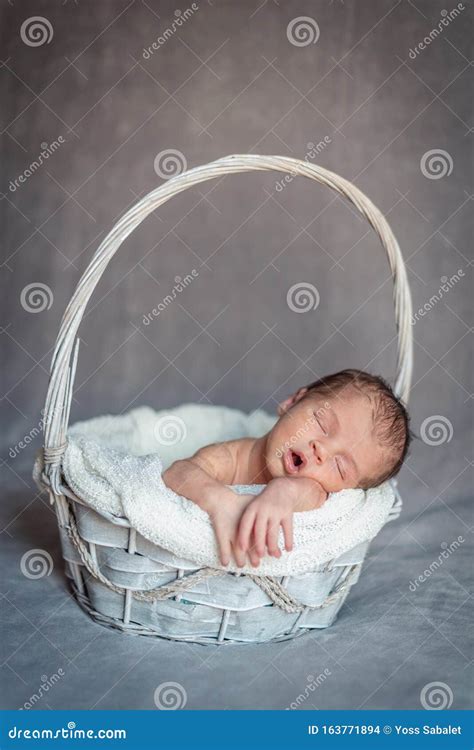 A Newborn Baby Girl Sleeping In A Basket While She Sleeps Newborn