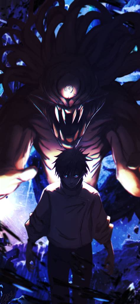 An Anime Character Standing In Front Of A Giant Monster With His Hands