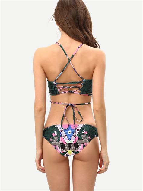 Multicolor Leaves Print Lace Up Bikini Set Shein Sheinside