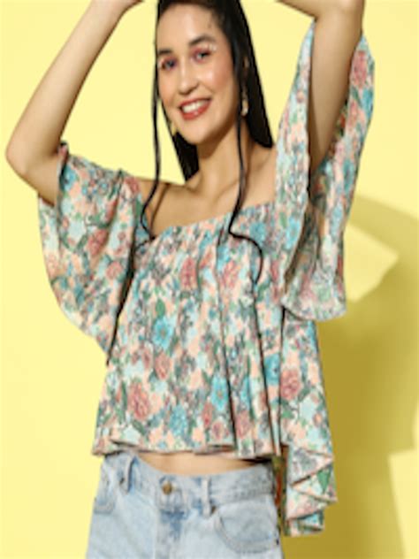 Buy Berrylush Off White Floral Print Off Shoulder Flared Sleeves