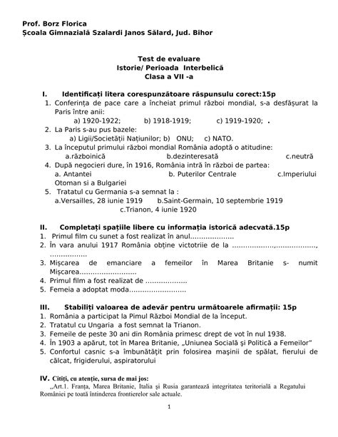 AcademiaABC Test Istorie Clasa a VII a Perioada interbelică