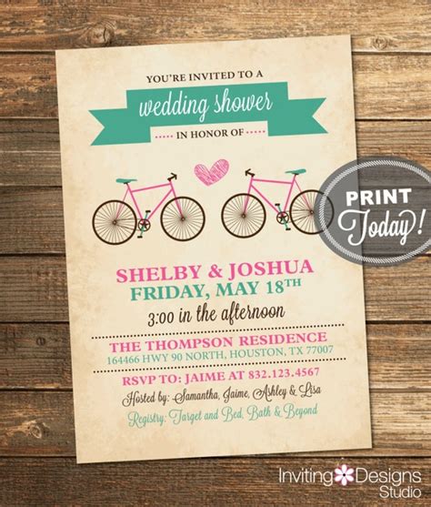 Bicycle Wedding Shower Invitation Bridal Shower Teal Aqua