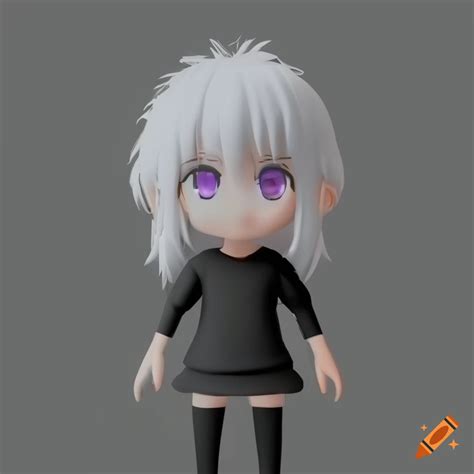 Blender 3d Model Of A Chibi Anime Character With White Fluffy Hair And Bangs Black Plain T