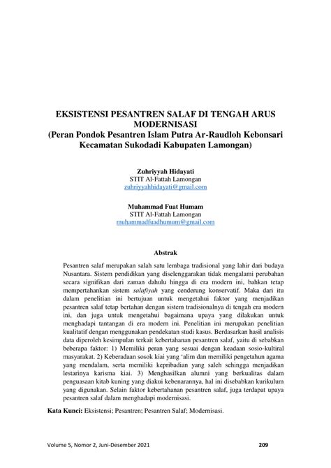 PDF Eksistensi Pesantren Salaf Di Tengah Arus Modernisasi Peran