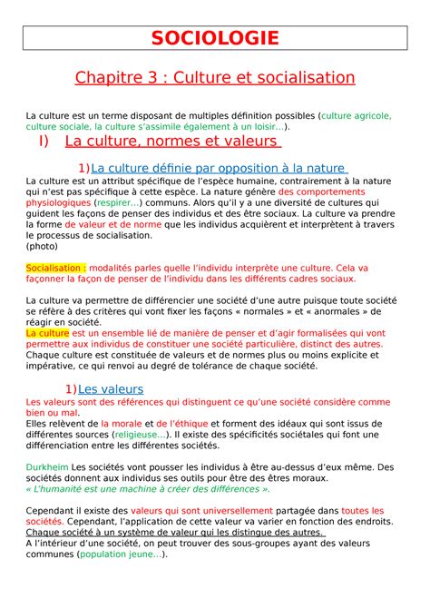 Chapitre Note De Cours Sociologie Chapitre Culture Et