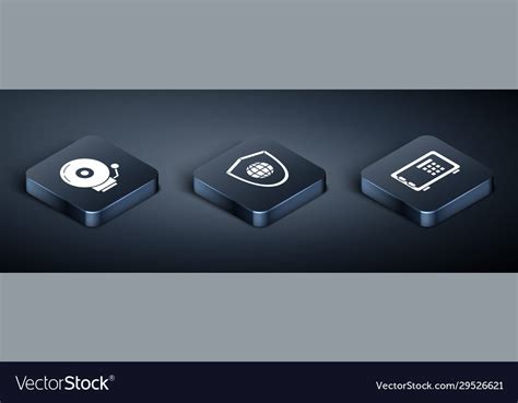 Set Isometric Ringing Alarm Bell Safe And Shield Vector Image