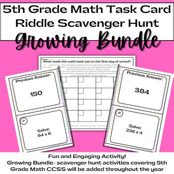 5th Grade Math Task Card Riddle Scavenger Hunt Activities Bundle