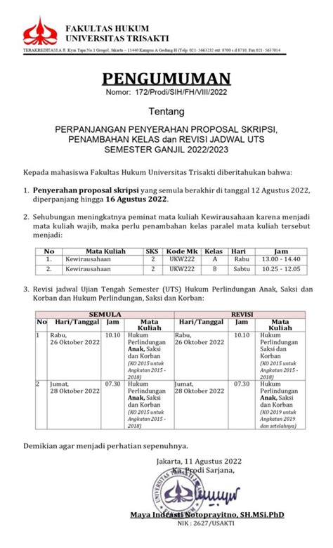 Perpanjangan Penyerahan Proposal Skripsipenambahan Kelas Dan Revisi Jadwal Uts Semester Ganjil