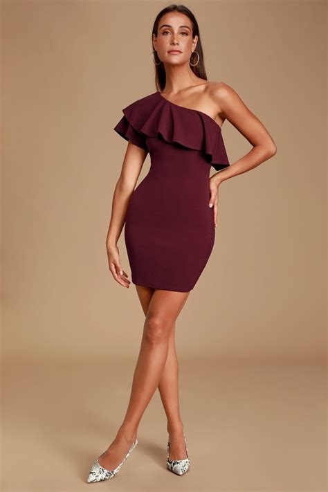 Burgundy Bodycon Dress One Shoulder Dress Ruffled Mini Dress Lulus