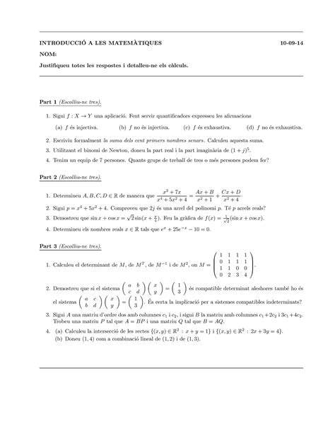 Sim Examen Final Examen Imat Introducci O A Les Matem Atiques