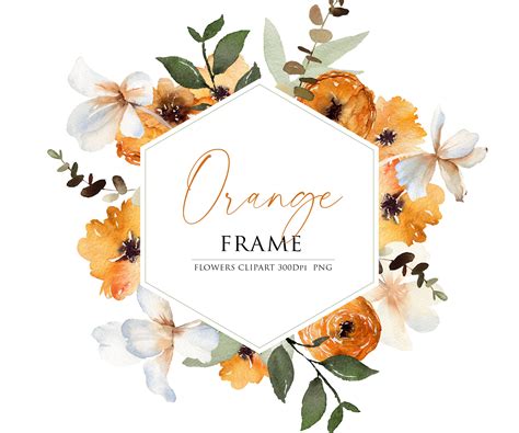 Watercolor Frame Orange Flower Frame Watercolor Clipart Etsy