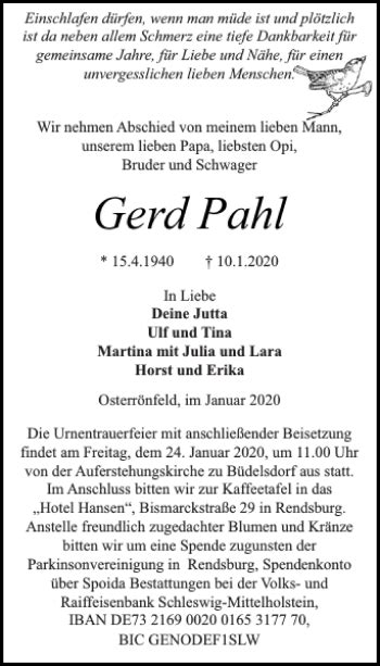 Traueranzeigen Von Gerd Pahl Sh Z Trauer