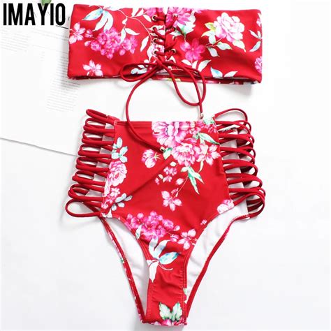 Imayio Lace Up Floral Bikini Set Women Bandeau Bikinis Vintage High