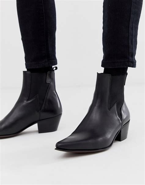 Asos Design Cuban Heel Western Chelsea Boots In Black Leather With Lightning Detail Asos