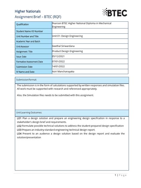 Higher Nationals Assignment Brief Btec Rqf Pdf Design Engineering