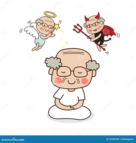 An Elder Male Meditating With Angel And Devil Stock Vector