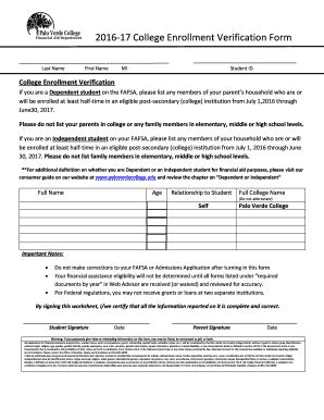 Fillable Online Paloverde 2016 17 College Enrollment Verification Form