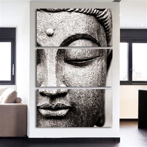 Zen Buddha Face Statue Buddhism Framed 3 Piece Buddhist Canvas Wall Ar