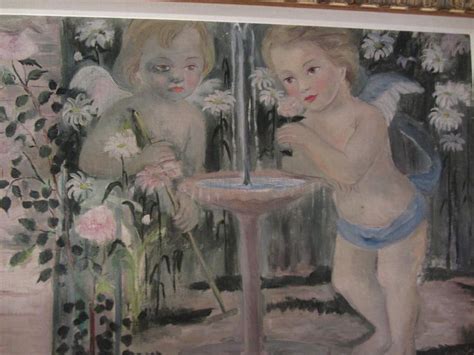 An Oil Painting Of Two Cherubs Drinking From A Fountain With Daisies In