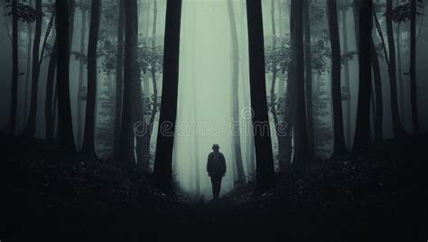 Silhouette Of Man In Dark Haunted Scary Forest On Halloween Night Stock