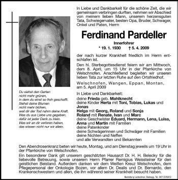 Traueranzeigen Von Ferdinand Pardeller Trauer Bz