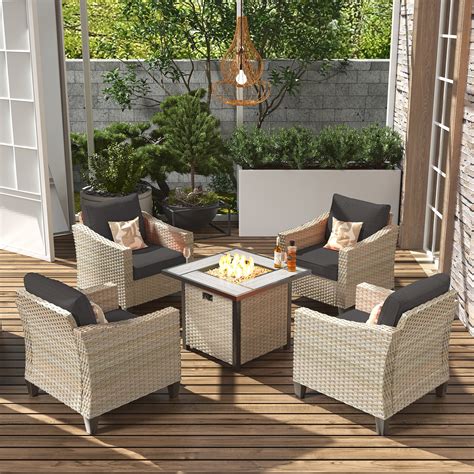 HOOOWOOO 5 Pieces Outdoor Patio Furniture Sets with 30" Fire Pit Table ...