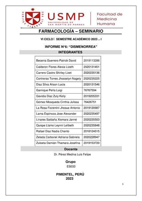 semana 6 farmaco FARMACOLOGÍA SEMINARIO INFORME N6 DISMENORREA