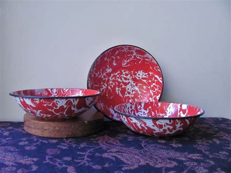 Vintage Red Splatterware Enamelware Bowls Red White Swirl Graniteware