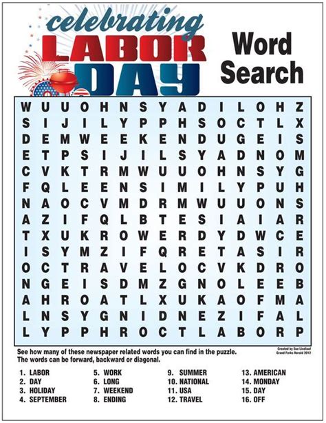 Labor Day Printable Word Search