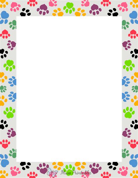 Printable Colorful Heart Paw Print Page Border