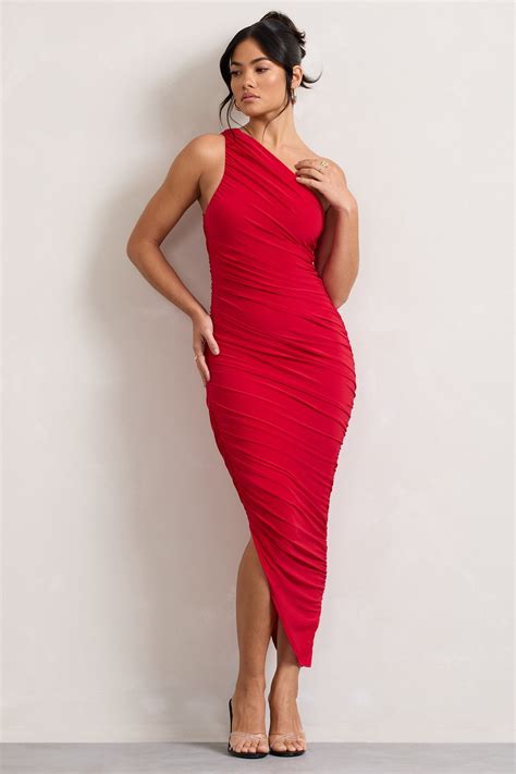 Dorit Red One Shoulder Asymmetric Ruched Midi Dress Club L London Uk