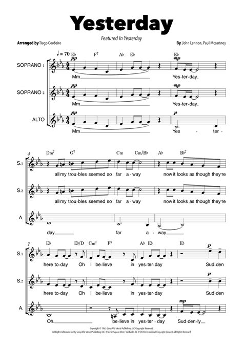 Yesterday Arr Tiago Cordeiro By The Beatles Sheet Music For Ssa