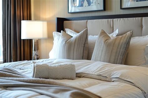 Premium Photo A Bed With A White Comforter And Pillows And A Lamp On