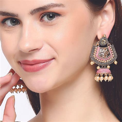 Buy Oomph Pink Meenakari Kundan Pearls Floral Large Drop Jhumka