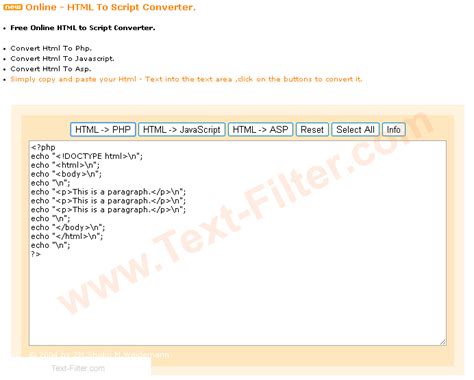 Free Online Html To Script Converter Convert Html To Php Convert Html