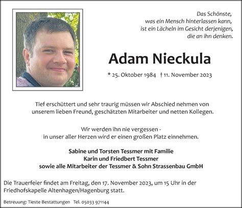 Traueranzeigen Von Adam Nieckula Trauer Anzeigen De