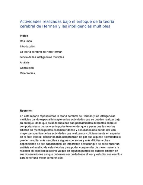 Actividades realizadas bajo el enfoque de la teoría cerebral de Herman