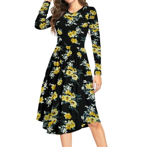 Mlanm Women Long Sleeve Polka Dot Casual Modest Work Midi Knee Length Dress With Pocket L