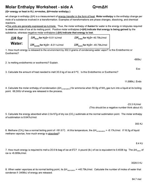 Enthalpy Calculation And Word Problems Molar Enthalpy Worksheet