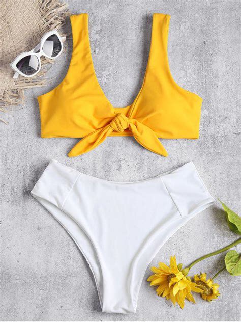 33 OFF 2021 Two Tone Tied High Waisted Bikini Set In BEE YELLOW ZAFUL