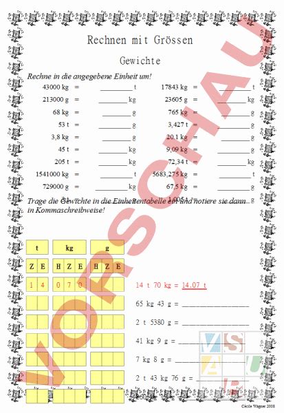 Arbeitsblatt Tonne Kilogramm Gramm Mathematik Sachrechnen