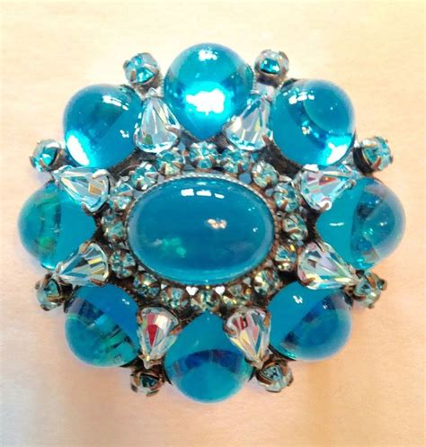 Gorgeous Domed Schreiner Brooch Aqua Cabochons And Rhinestones Signed