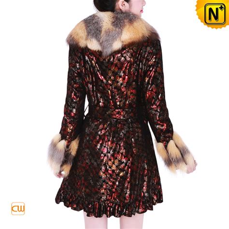 Embossed Leather Womens Red Fox Long Fur Coat Cwmalls