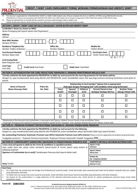 Credit Debit Card Enrolment Form Prudential Malaysia