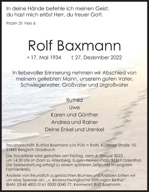 Traueranzeigen Von Rolf Baxmann Wirtrauern