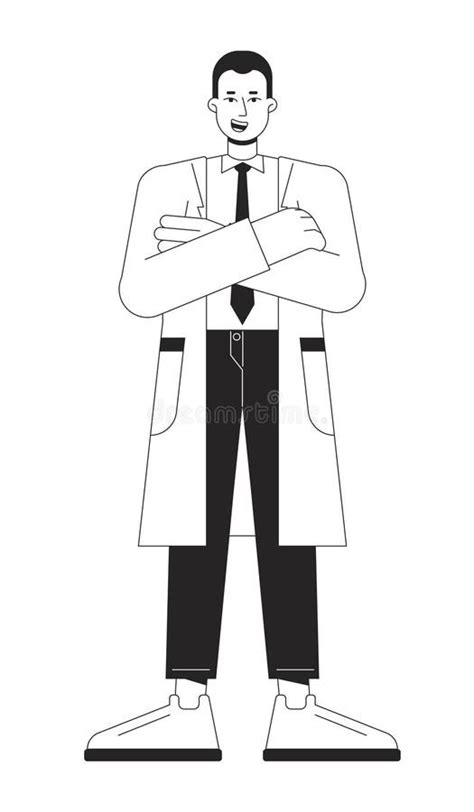 Confident Doctor In White Coat Flat Line Black White Vector Character Stock Vector